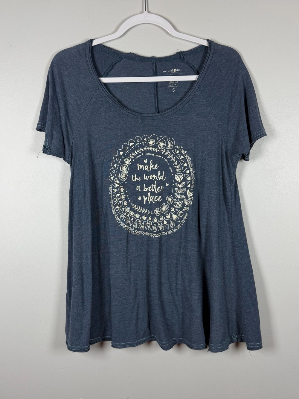 Natural Life Blue Short Sleeve Swing T-Shirt Top Hippie Casual Graphic Small